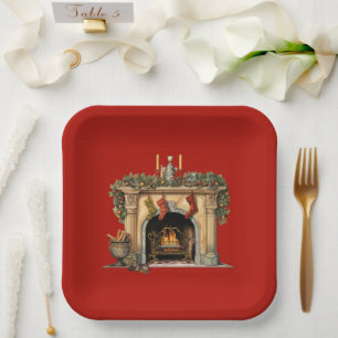 Cosy Victorian Fireplace Christmas Paper Plate