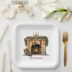 Cosy Victorian Fireplace Christmas Paper Plate