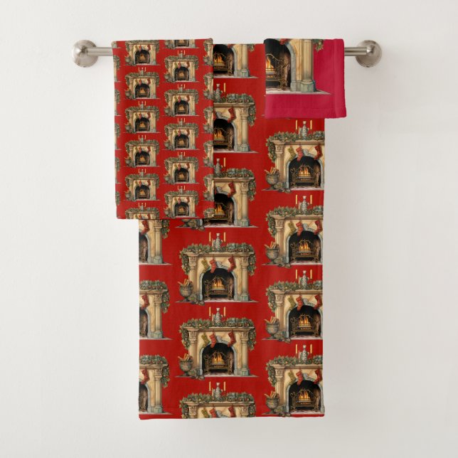 Cosy Victorian Fireplace Christmas Pattern Bath Towel Set (Insitu)