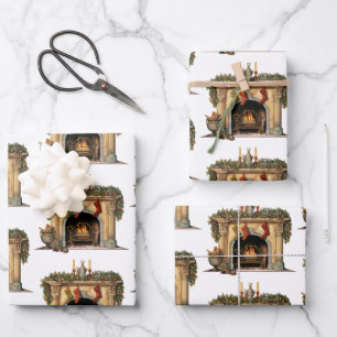 Cosy Victorian Fireplace Christmas Pattern Wrapping Paper Sheet