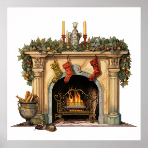Cosy Victorian Fireplace Christmas Poster