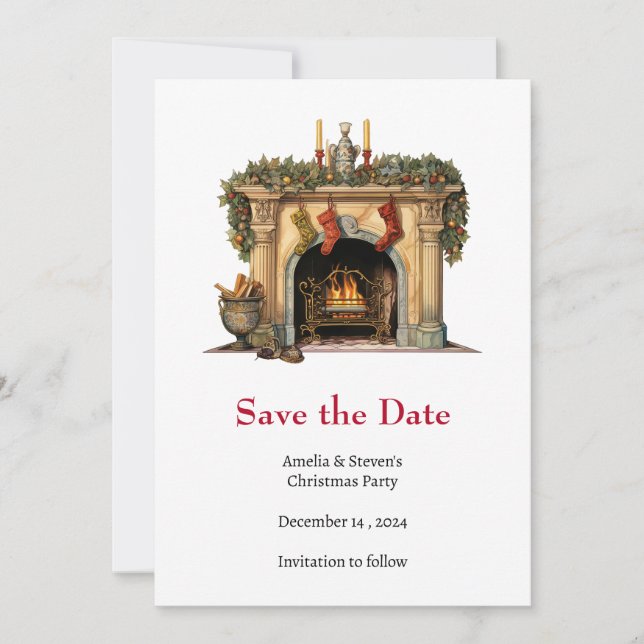 Cosy Victorian Fireplace Christmas Save The Date (Front)