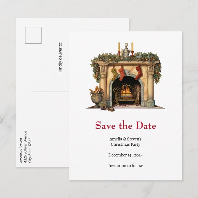 Cosy Victorian Fireplace Christmas Save the Date Announcement Postcard (Front/Back)