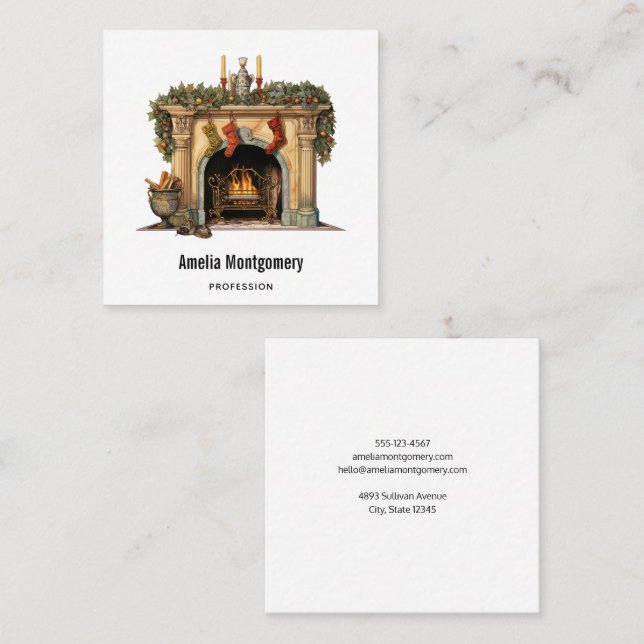 Cosy Victorian Fireplace Christmas Square Business Card (Front/Back)