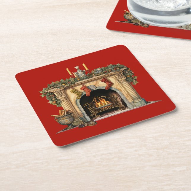 Cosy Victorian Fireplace Christmas Square Paper Coaster (Angled)