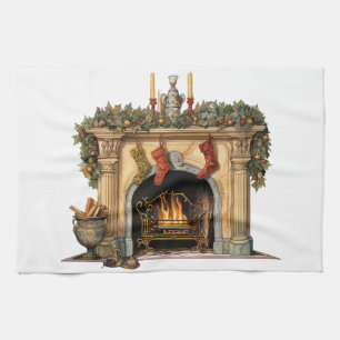 Cosy Victorian Fireplace Christmas Tea Towel