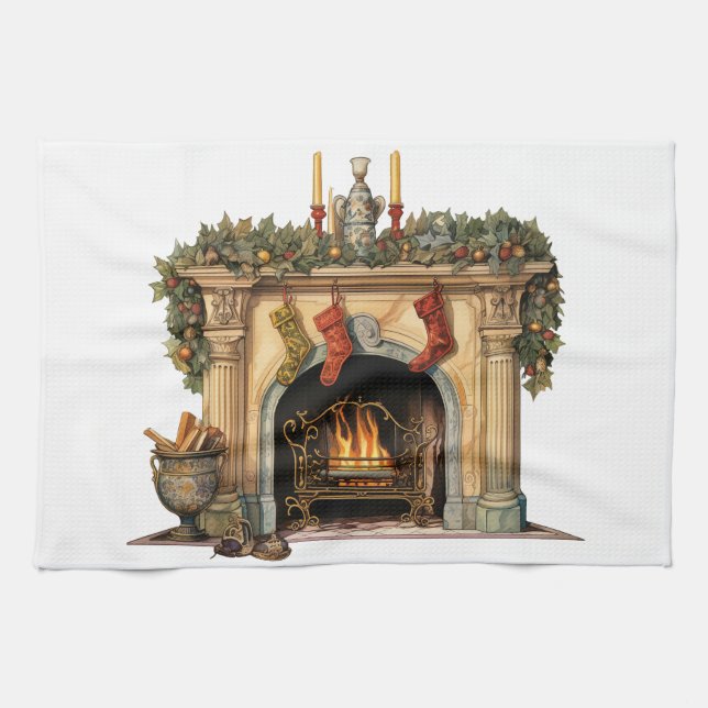 Cosy Victorian Fireplace Christmas Tea Towel (Horizontal)