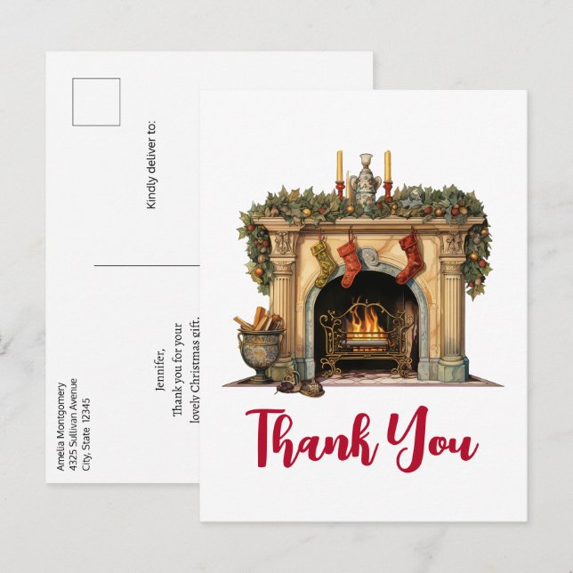 Cosy Victorian Fireplace Christmas Thank You Postcard (Front/Back)