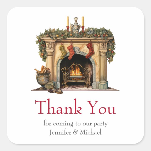 Cosy Victorian Fireplace Christmas Thank You Square Sticker (Front)