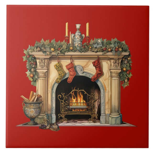 Cosy Victorian Fireplace Christmas Tile (Front)
