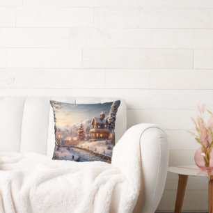 Cosy Village at Christmas illustration Cushion