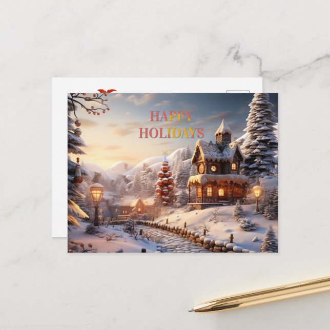 Cosy Village at Christmas illustration Holiday Postcard (Front/Back In Situ)