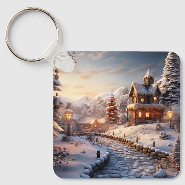 Cosy Village at Christmas illustration Key Ring (Front)
