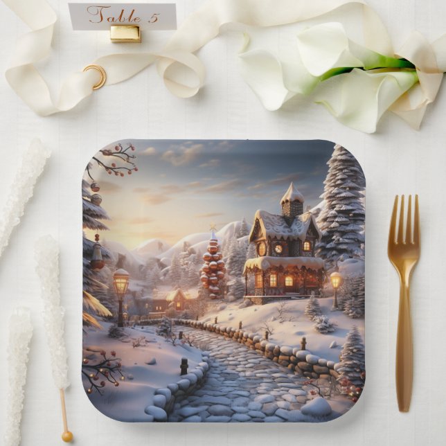 Cosy Village at Christmas illustration Paper Plate (Wedding)