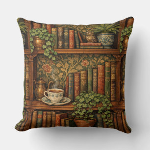 Cosy vintage book shelf tea coffee botanicals cushion