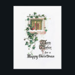 Cosy Vintage Christmas Ivy Covered Window Postcard<br><div class="desc">Charming antique Christmas card illustration featuring cosy glowing window with robin sitting on the snow-covered ledge with ivy growing around it. Back features complementary graphics and editable text fields.</div>