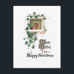 Cosy Vintage Christmas Ivy Covered Window Postcard<br><div class="desc">Charming antique Christmas card illustration featuring cosy glowing window with robin sitting on the snow-covered ledge with ivy growing around it. Back features complementary graphics and editable text fields.</div>