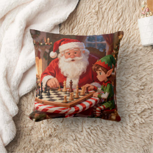 Cosy Vintage Christmas Santa and Elf Playing Chess Cushion