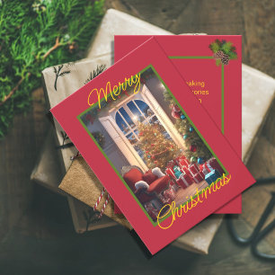 Cosy Vintage Christmas Scene on Red Background Holiday Card