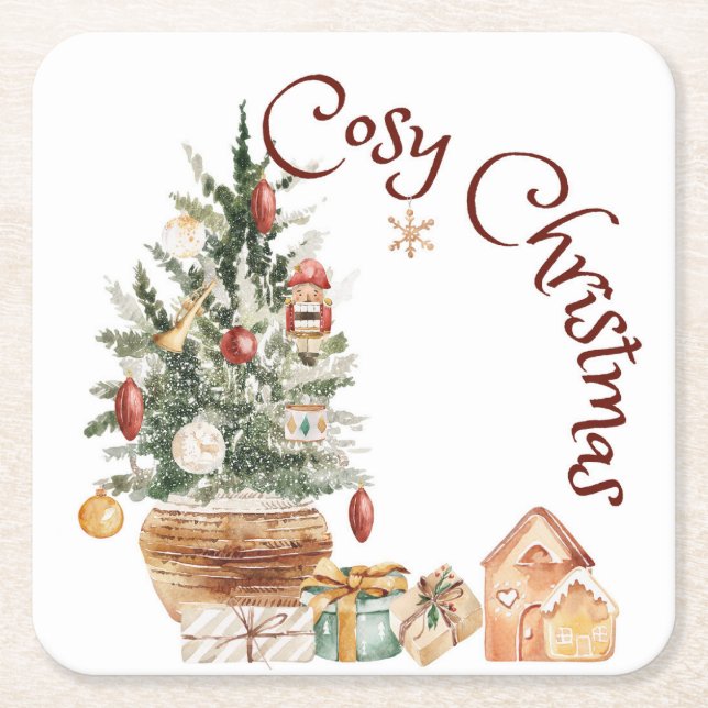Cosy vintage Christmas tree  Square Paper Coaster (Front)