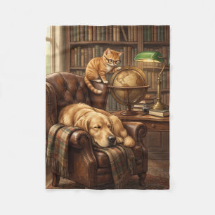 Cosy Vintage Library Dog And Cat Study Fleece Blan Blanket