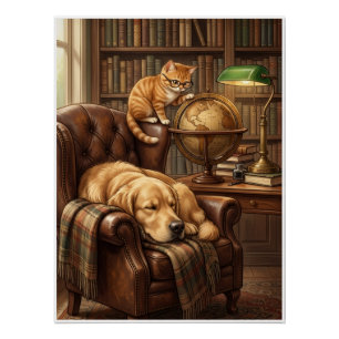 Cosy Vintage Library Dog And Cat Study Fleece Blan Poster