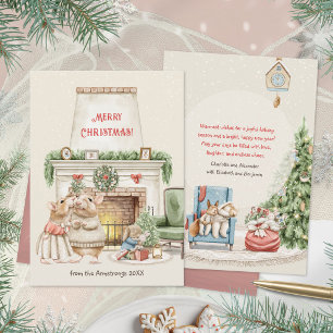 Cosy Vintage Watercolor Mice Fireplace Christmas Holiday Card