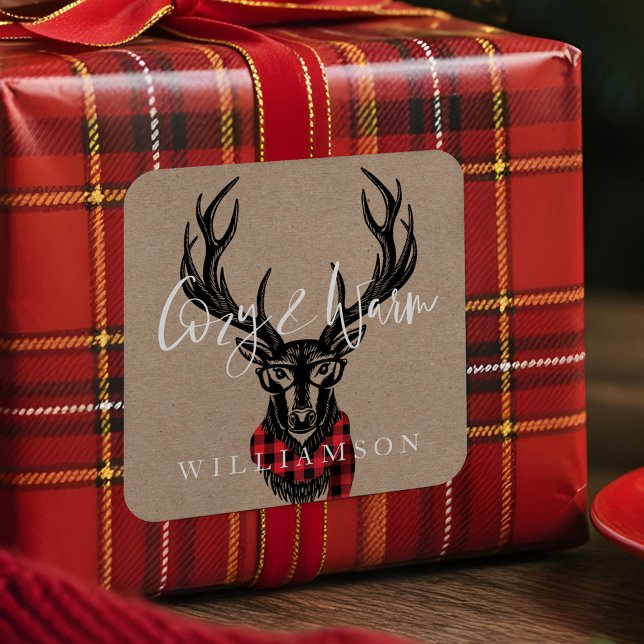 Cosy & Warm | Red Buffalo Plaid Reindeer Family Square Sticker (Cozy & Warm | Red Buffalo Plaid Reindeer Family Square Sticker)