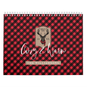 Cosy & Warm   Red Buffalo Plaid Reindeer Monogram Calendar
