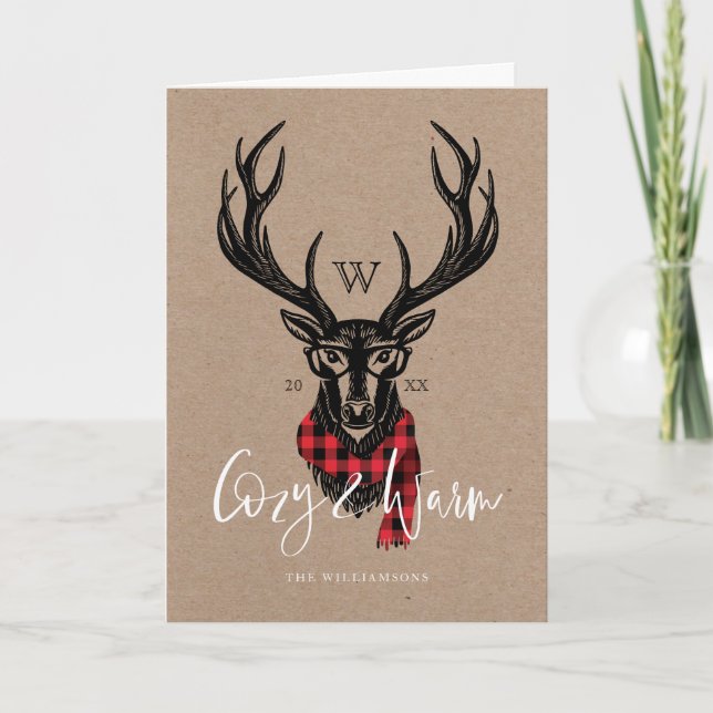 Cosy & Warm | Red Buffalo Plaid Reindeer Monogram Holiday Card (Front)