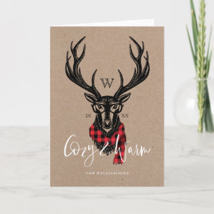 Cosy & Warm   Red Buffalo Plaid Reindeer Monogram Holiday Card