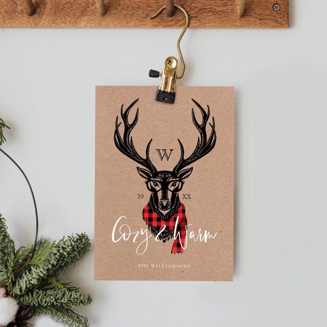 Cosy & Warm | Red Buffalo Plaid Reindeer Monogram Holiday Card (Cozy & Warm | Red Buffalo Plaid Reindeer Monogram Holiday Card)