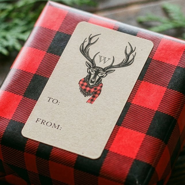 Cosy & Warm | Red Buffalo Plaid Reindeer Monogram Label (Cozy & Warm | Red Buffalo Plaid Reindeer Monogram Label)