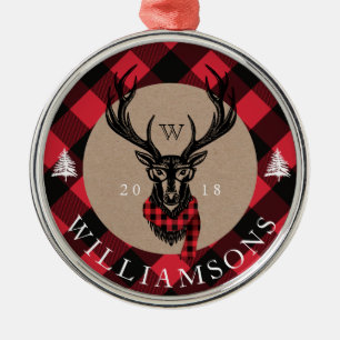 Cosy & Warm   Red Buffalo Plaid Reindeer Monogram Metal Tree Decoration