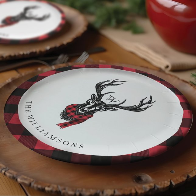 Cosy & Warm | Red Buffalo Plaid Reindeer Monogram Paper Plate (Cozy & Warm | Red Buffalo Plaid Reindeer Monogram Paper Plates)