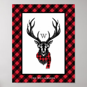 Cosy & Warm   Red Buffalo Plaid Reindeer Monogram Poster