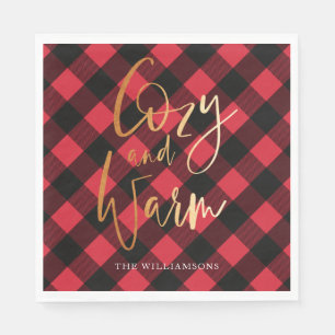 Cosy & Warm Script   Red Buffalo Plaid Christmas Napkin