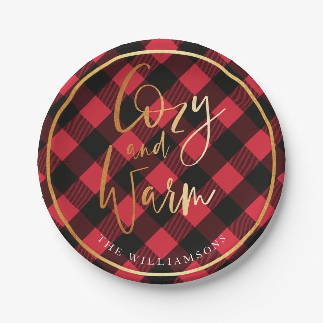 Cosy & Warm Script | Red Buffalo Plaid Christmas Paper Plate (Front)
