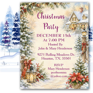 Cosy Watercolor Christmas Cottage Holiday Party  Invitation