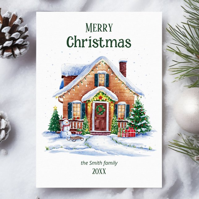 Cosy Watercolor Christmas House Holiday Card (Creator Uploaded)