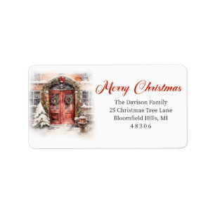 Cosy watercolor Christmas red door in snow city Label