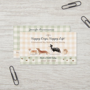 Cosy Watercolor Dog Walker Pet Sitting Gingham Business Card