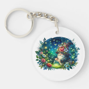 Cosy Watercolor Garden Gnome and Fireflies Key Ring