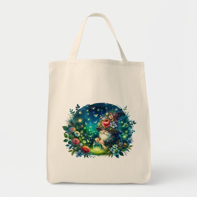 Cosy Watercolor Garden Gnome and Fireflies Tote Bag (Front)