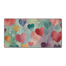 Cosy Watercolor Hearts Aesthetic Desk Mat