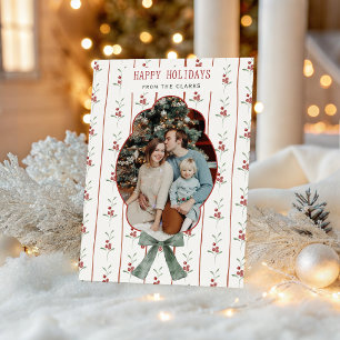 Cosy Watercolor Holly Green Bow Photo Holiday Card
