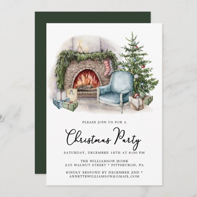 Cosy Watercolor Home Christmas Party Invitation (Front/Back)
