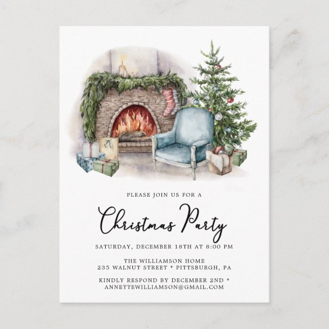 Cosy Watercolor Home Christmas Party Invitation Postcard (Front)