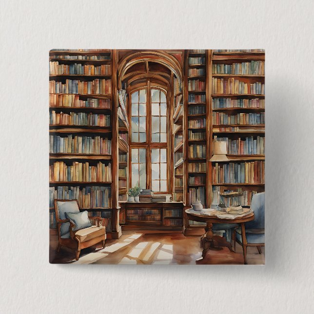 Cosy Watercolor Library 15 Cm Square Badge (Front)