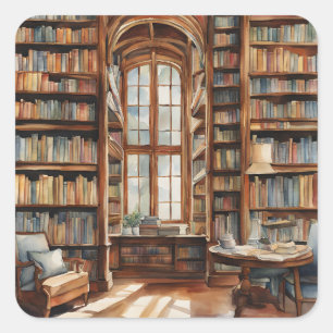 Cosy Watercolor Library Square Sticker